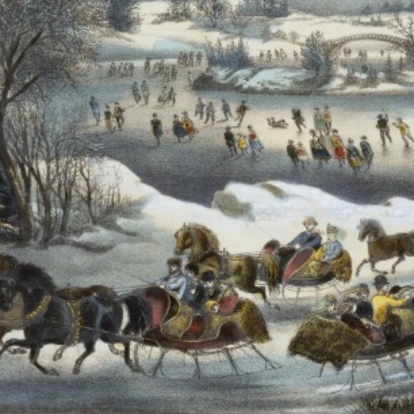 Vtg CURRIER & IVES Framed Print New York CENTRAL PARK IN WINTER Scene Horses - Picture 4 of 9